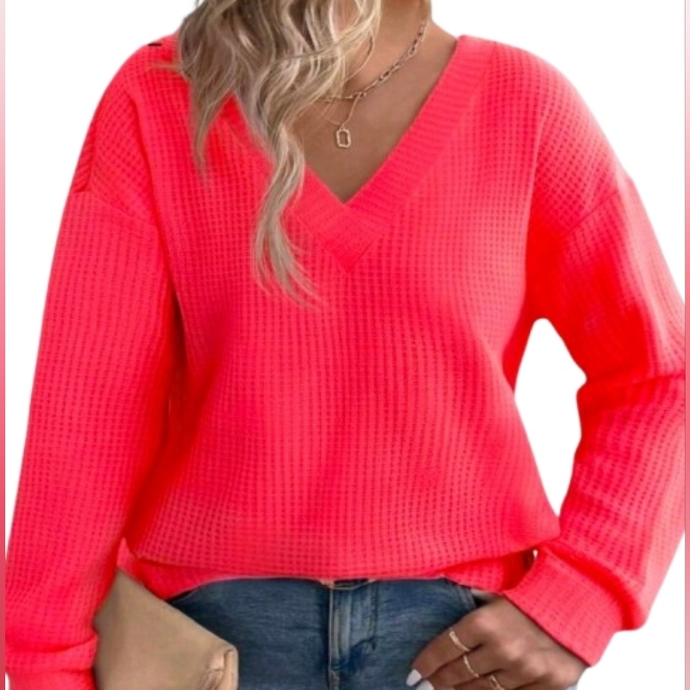 Zitlo Women's V-Neck Neon Color Long Sleeve Plus Size Top Waffle Knit